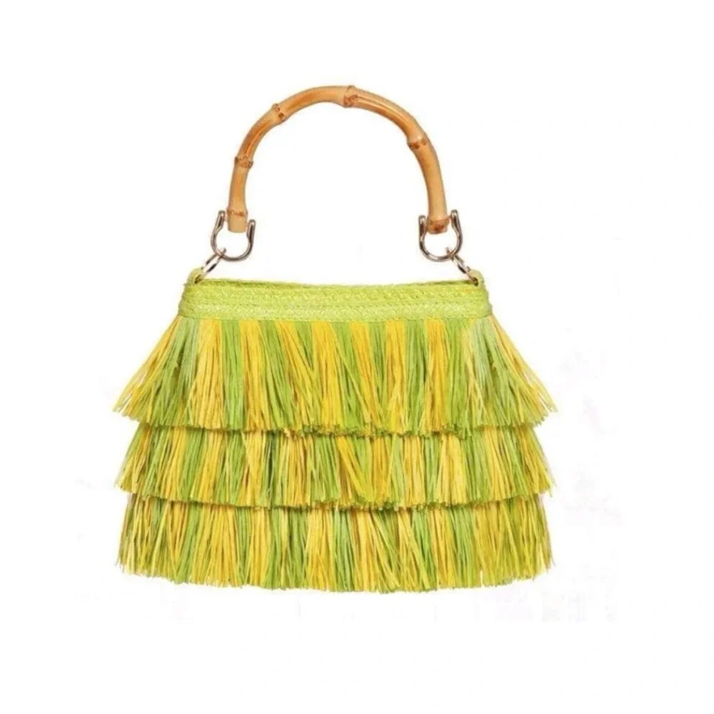 ERIC JAVITS L’il MAMBO RAFFIA FRINGE BAMBOO HANDLE HANDBAG CHARTREUSE - Picture 5 of 5